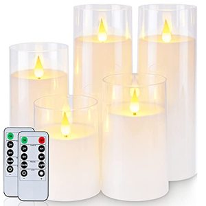 lot 13407 image: Homemory Pure White Flickering Flameless Candles, Battery Operated Acrylic LED Pillar Candles with Remote Control and Timer, Set of 5