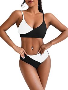 lot 13425 image: Modihito Womens Solid Spaghetti Strap Bralette Bikini Set Two Piece Swimsuit LGA20276-24-Black and White-M
