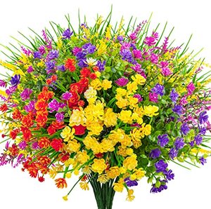 lot 13428 image: 16 Bundles Artificial Flowers for Outdoors Fake Plastic Plants Faux Shrubs Greenery Wheat Grass UV Resistant for Spring Summer Garden Patio Window Box Office Table Kitchen Home Decoration