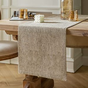 lot 13434 image: ZeeMart Burlap Style Farmhouse Table Runners 90 Inches Long, Beige Rustic Woven Dining Table Runner for Everyday Use, 14x90 Inches, Oatmeal Beige