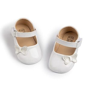 lot 13436 image: Bellocasa Baby Mary Jane Flats for Girls with Bowknot Cotton Anti Skid Sole Infant First Walker Princess Dress Crib Wedding Shoes(JY2626 White,1)