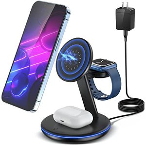 lot 13438 image: Magnetic Wireless Charging Station for Apple Series, 3-in-1 15W Fast Mag-Safe Charger Stand with QC3.0 Adapter, for iPhone 15, 14,13,12 Pro MaxProMiniPlus, iWatch Ultra98765432, AirPods�