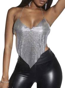 lot 13449 image: Sexy Metallic Chain Top for Women - Sequin Halter Deep V Neck Backless Crop Tank for Night Club Party Rave Outfits(Silver,L,1072a)