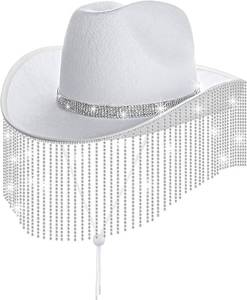 lot 13453 image: MGupzao White Novelty Cowboy Rhinestone Hat with Fringes Design,White Sparkly Cowgirl Hat for Women Bachelorette Gifts for Bride (Box Package)