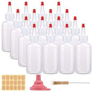 lot 13456 image: CUCUMI 16pcs 4oz Plastic Squeeze Bottles, with Red Tip Caps and Measurement, with Extra 1 Funnel, 18 Kraft Paper Stickers and 1 Brush for Crafts, Art, Glue, Kitchen Condiments