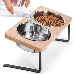 lot 13459 image: Siooko Elevated Cat Bowls, 15° Tilted Raised Cat Food Bowls Wood Pet Bowls with Stand Anti Vomiting 2 Stainless Steel Bowls for Cats and Puppy