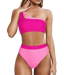 lot 13461 image: MOOSLOVER Women Cutout One Shoulder High Waisted Bikini High Cut Two Piece Swimsuits(L,Pink Rose)