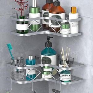 lot 13466 image: Kadolina 2 Pack Adhesive Corner Shower Caddy Shelf, Bathroom Shower Organizer Shelves, No Drilling Rustproof Wall Mounted Shower Storage Basket Shampoo Holder Organizer (Silver)