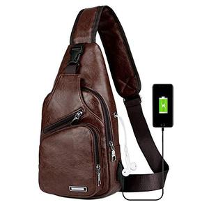 lot 13473 image: Peicees Leather Sling Bag Mens Crossbody Bag Chest Bag Sling Backpack for Men with USB Charge Port