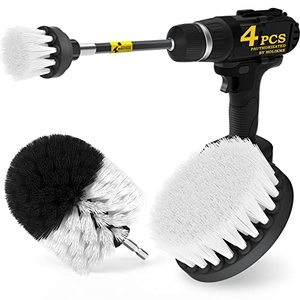 lot 13479 image: Holikme 4Pack Drill Brush Power Scrubber Cleaning Brush Extended Long Attachment Set All Purpose Drill Scrub Brushes Kit for Grout, Floor, Tub, Shower, Tile, Bathroom and Kitchen Surface White