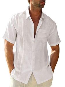 lot 13490 image: Hestenve Mens Short Sleeve Cuban Camp Guayabera Shirt Linen Cotton Hippie Beach Button Down Shirts