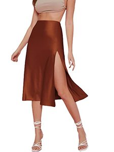 lot 13492 image: Verdusa Womens Satin Split Thigh High Waist Swing Midi Skirt Satin Rust Brown L