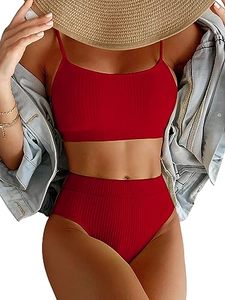lot 13505 image: Lilosy High Waisted Tummy Control Bikini Ribbed Sporty Brazilian Swimsuit Set Women Highwaisted Cheeky Cut Leg Rise Bottom Crop Push Up Top 2 Piece Bathing Suit Red Large