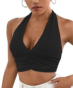 lot 13506 image: LYANER Womens Deep V Neck Halter Crop Top Sleeveless Tie Back Cami Black X-Large