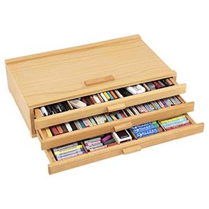lot 13514 image: Creative Mark Pastel Storage Box, 3 Drawer Wood Box with Foam Lining, Sturdy and Stackable Art and Craft Supplies Storage Box for Artist Tools, Pens, Pencils and More, Natural Finish
