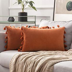 lot 13516 image: MIULEE Pack of 2 Velvet Soft Solid Decorative Fall Throw Pillow Cover with Tassels Fringe Boho Accent Halloween Cushion Case for Couch Sofa Bed 12 x 20 Inch Burnt Orange