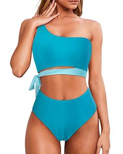lot 13530 image: MOOSLOVER Women One Shoulder High Waisted Bikini Tie High Cut Two Piece Swimsuits(L,Sky Blue)