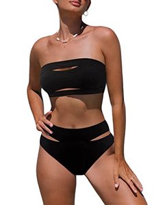 lot 13535 image: popvil Womens Two Piece Strapless Cutout High Waisted Swimsuit, Black, Medium