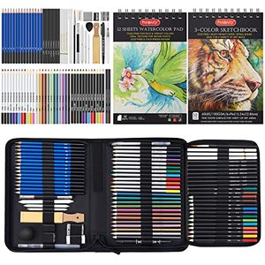 lot 13540 image: PANDAFLY 80 Pack Drawing Set Sketching Kit, Pro Art Supplies with 3-Color Sketchbook, Watercolor Pad, Colored, Graphite, Charcoal, Metallic Pencil, for Artist Adults Kids Beginner