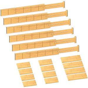 lot 13547 image: Toydoooco Bamboo Drawer Dividers with 12 Inserts,16.3-22inches,Expandable Kitchen Drawer Organizer,Adjustable Drawer Separators for Bedroom Bathroom Dresser 6 Pack