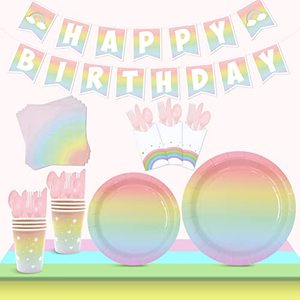 lot 13551 image: Nefelibata 162pcs Rainbow Birthday Decorations, Pastel Rainbow Paper Plates Party Supplies Set Happy Birthday Banner Cups Napkins Cutlery Tablecloth for Girls and Boys, Serves 20