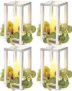 lot 13553 image: 8 Pcs Wooden Candle Lantern Set Includes 4 Rustic Wedding Centerpieces for Tables Farmhouse Wooden Candle Holder and 4 Flameless Decorative LED Candles for Rustic Wedding Farmhouse Country (White)