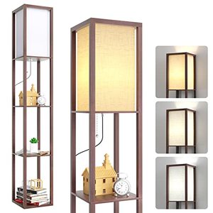 lot 13555 image: watrue Floor Lamp with Shelves, Shelf Floor Lamp for Living Room, Modern Tall Corner Shelves Floor Lamp for Bedroom Office, White Linen Shape, 3 Color Temperature LED Blub.