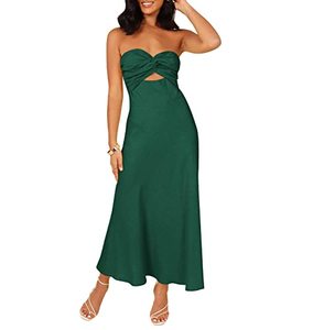 lot 13558 image: LILLUSORY Women Cutout Cotton Linen Strapless Midi Dresses Twist Knot Front Sleeveless Bandeau Tube Maxi Dress Emerald Green