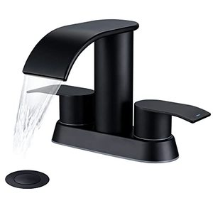 lot 13577 image: Waterfall Bathroom Sink Faucet Matte Black, Two Handles Bathroom Faucet with Metal Pop up Sink Drain Stopper, Two Holes Or 3 Holes Bathroom Basin Lavatory Mixer Tap with Deck Mount Plate