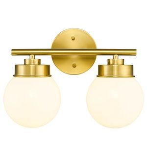 lot 13592 image: LMS Gold Bathroom Light Fixtures, 2 Light Globe Bathroom Vanity Light Fixtures with White Glass Shade, LMS-097