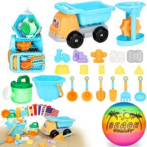 lot 13595 image: AstarX Sand Toys,30 Pcs Beach Toys for Kids,Beach Ball,Truck,Molds,Beach Tools,Mini Flags,Mesh Bag Include