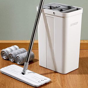 lot 13596 image: JOYMOOP Mop and Bucket with Wringer Set for Home, Hands Free White Flat Squeeze Mop Bucket Set for Floor Cleaning and Wall Cleaner with Long Handle, with 3 Reusable Microfiber Pads