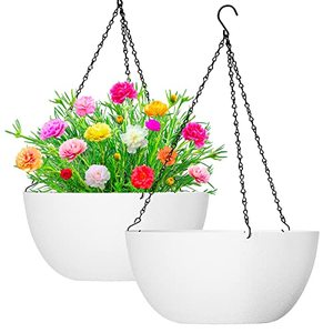lot 13600 image: WOUSIWER 13 inch 2Pack Large Hanging Planters for Outdoor Indoor Plants with Drainage Holes and Chain, Round Hanging Flower Pots for Garden Home Porch Decor, White