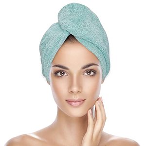 lot 13606 image: KEEPOZ Zero Twist 100% Cotton Hair Towel Wrap  Terrycloth Hair Bath Turban  Rapid Drying Towels with Button  Anti Frizz Hair Towel with Elastic Strap  Women Wraps for Long Wet Hair (Ocean Green)
