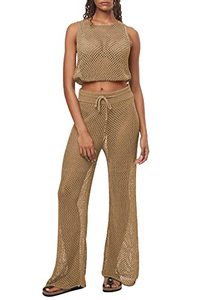 lot 13610 image: Pink Queen Womens 2 Piece Crochet Swimsuit Cover Up Hollow Out Bikini Swimwear Beach Coverup Outfit Sets Khaki XL