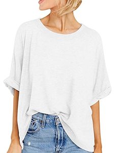 lot 13617 image: Langwyqu Womens Short Sleeve Oversized Summer Crew Neck Loose Casual Tee T-Shirt White