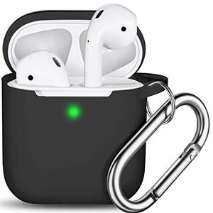 lot 13632 image: R-fun AirPods Case Cover, Soft Silicone Protective Cover with Keychain for Women Men Compatible with Apple AirPods 2nd 1st Generation Charging Case, Front LED Visible-Black
