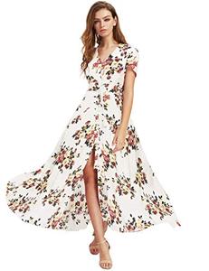 lot 13634 image: Milumia Women Button Up Floral Print Party Split Flowy Maxi Dress White Flroal X-Large
