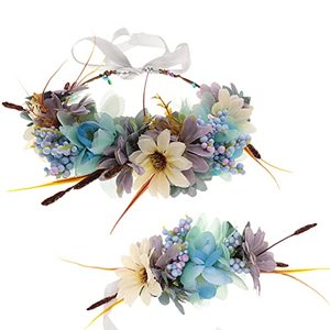 lot 13636 image: 2pcset Flower Wreath Garland Headband and Wrist for Wedding Festivals (Blue)