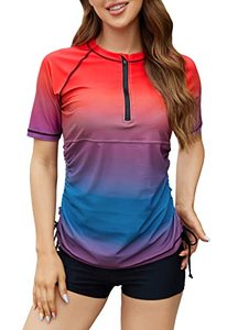 lot 13644 image: Halcurt Rash Guard Shirts for Women Short Sleeve UPF 50 Swim Top Ombre Blue M