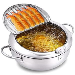 lot 13648 image: cuomaop,deep Fryer Pot,304 Stainless Steel with Temperature Control and Lid Japanese Style Tempura Fryer Pan Uncoated Fryer Diameter 9.4