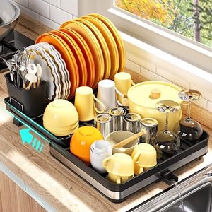 lot 13651 image: G-TING Dish Drying Rack, Expandable (11.8-20.5) Large Capacity Dish Rack, Dish Drainer with Stainless Steel Cutlery Rack and Cutlery Bucket, Drying Rack for Kitchen Counter