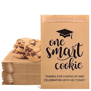 lot 13657 image: Whaline 100 Pack Graduation Candy Cookie Gift Bags One Smart Cookie Self-Adhesive Buffet Treat Bags Congrats Grad Kraft Paper Bags Treat Gift Bags for Graduation Party Decoration Supplies