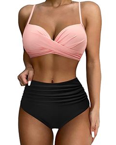 lot 13658 image: SUUKSESS Women Twist High Waisted Bikini Push Up Two Piece Swimsuits Sexy Bathing Suits (Pink Black, M)