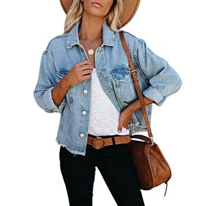 lot 13671 image: LONGBIDA Womens Jean Jacket Frayed Washed Button Up Cropped Denim Jacket With Pockets(Light Blue,M)