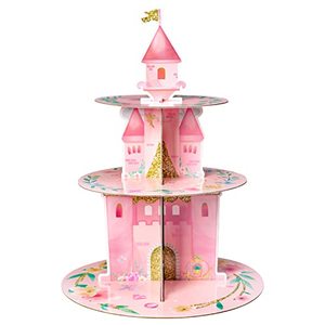 lot 13673 image: 3 Tiers Watercolor Princess Cupcake Stand Princess Birthday Party Cardboard Cupcake Holder Decorations Pink Castle Party Dessert Tower Princess Party Supplies for Kids Pink Themed Baby Shower