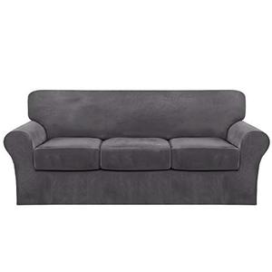 lot 13680 image: 4 Piece Sofa Covers Velvet Couch Covers for 3 Cushion Couch Stretch Sofa Slipcover with Individual Seat Cushion Covers Elastic Furniture Protector for Pets, Machine Washable (Sofa, Gray)