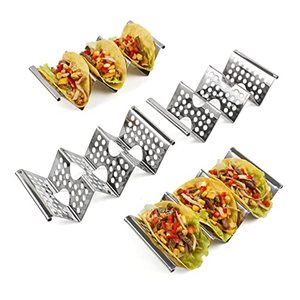lot 13681 image: 4 Pack Stainless Steel Taco Holders, Premium Taco Stands, Holds 2 Or 3 Tacos Each Taco Tray, Taco Rack With Easy-Access Handle, Food Grade Taco Plate Shells Oven & Grill Safe, BPA Free(Hollow)