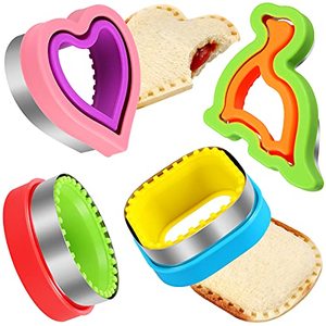 lot 13687 image: HINZER Sandwich Cutter and Sealer Set Uncrustables Maker 4 Pcs Bread Decruster Sandwich Cutter Pancake Maker Heart Square Circle Dinosaur Shape DIY Cookie Cutters Gift for Kids Adult Boys Girls