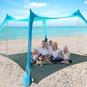 lot 13692 image: Beach Tent - Beach Canopy UPF 50 UV Protection, 9.8 x 9.8 FT, Anti-Wind Beach Shade with 4 Windproof Ropes, 4 Poles, 1 Portable Bag, Beach Tent Sun Shelter Perfect for Outdoors - Turquoise